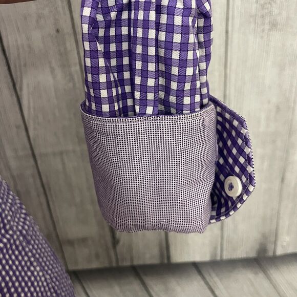 Bugatchi Uomo Men's Size 15 Purple & White Gingham Contrast Cuff Dress Shirt - Picture 4 of 8